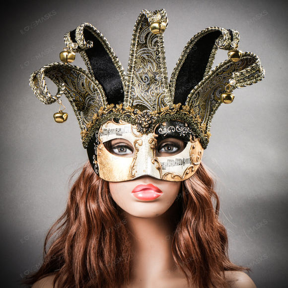 Jester Joker Venetian Musical Eye Mask with Bells - Black Gold - Picture 8 of 10
